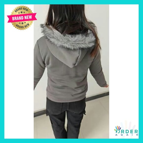 Y2K Zip Up Hoodie Fur Collar Crop Jacket Grunge Streetwear Vintage Polyester - Picture 5 of 8